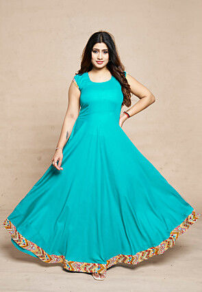 Digital Printed Rayon Gown in Turquoise