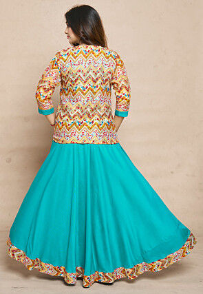 Digital Printed Rayon Gown in Turquoise