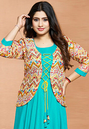 Digital Printed Rayon Gown in Turquoise