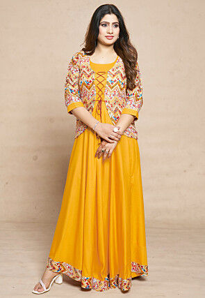 Digital Printed Rayon Gown in Yellow
