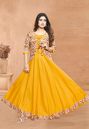 Digital Printed Rayon Gown in Yellow