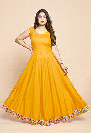 Digital Printed Rayon Gown in Yellow