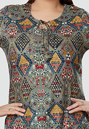 Digital Printed Rayon High Low Kurti in Grey