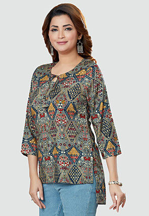 Digital Printed Rayon High Low Kurti in Grey