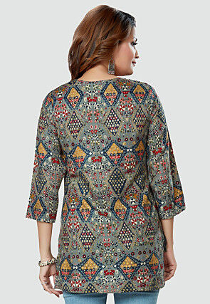 Digital Printed Rayon High Low Kurti in Grey