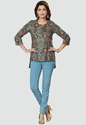 Digital Printed Rayon High Low Kurti in Grey