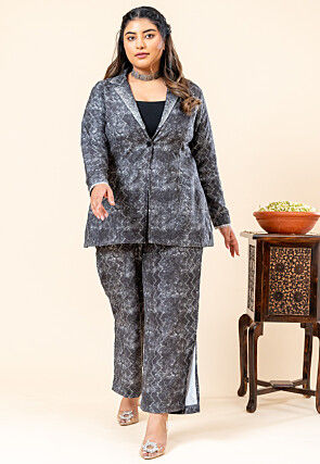 Digital Printed Rayon Jacket Set in Charcoal Black