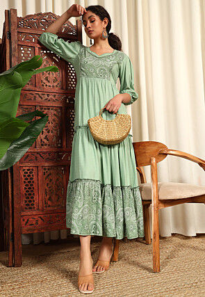 Digital Printed Rayon Jacquard Tiered Dress in Pastel Green