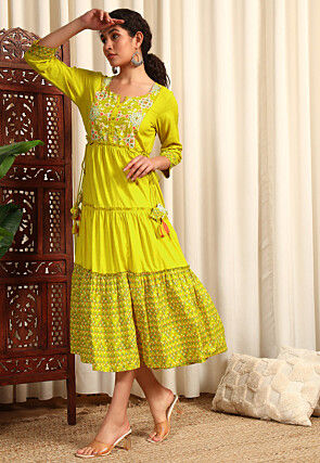 Digital Printed Rayon Jacquard Tiered Dress in Yellow