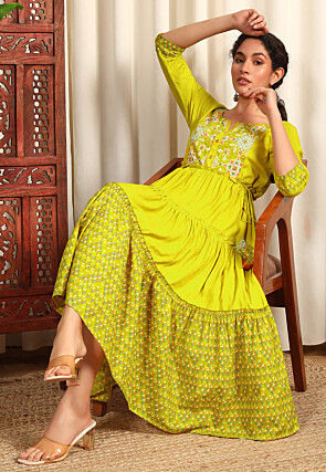 Digital Printed Rayon Jacquard Tiered Dress in Yellow