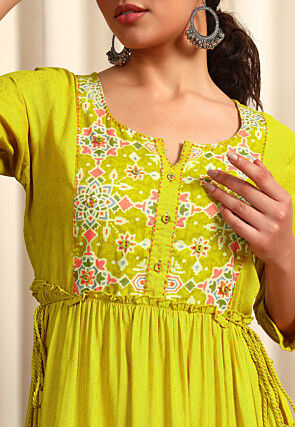 Digital Printed Rayon Jacquard Tiered Dress in Yellow