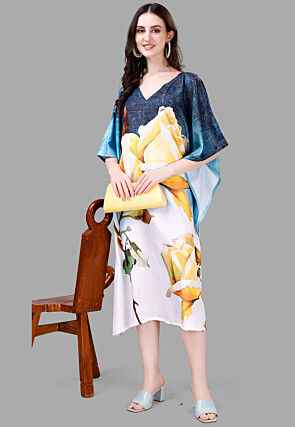 Digital Printed Rayon Kaftan in Blue and Off White