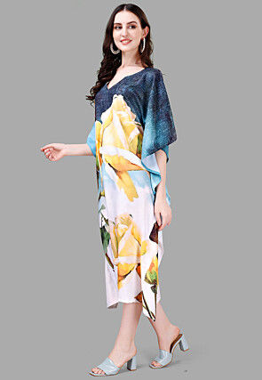 Digital Printed Rayon Kaftan in Blue and Off White