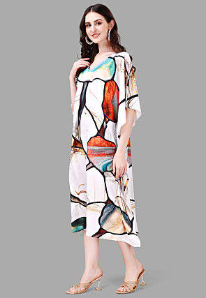Digital Printed Rayon Kaftan in Off White