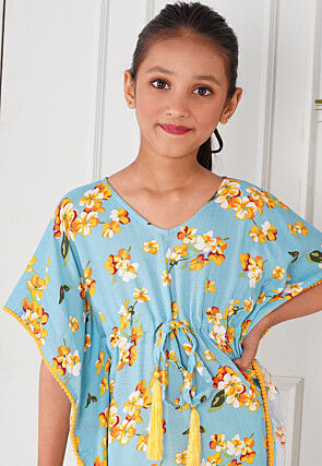 Digital Printed Rayon Kaftan Dress in Sky Blue
