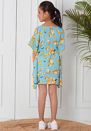 Digital Printed Rayon Kaftan Dress in Sky Blue