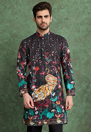 Digital Printed Rayon Kurta in Black