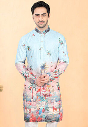 Digital Printed Rayon Kurta in Light Blue
