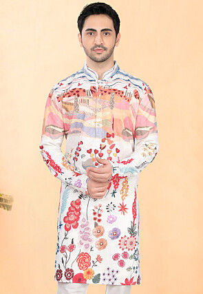 Digital Printed Rayon Kurta in Off White