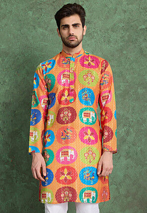 Digital Printed Rayon Kurta in Orange