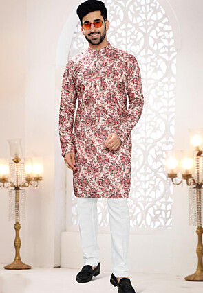 Digital Printed Rayon Kurta Set in Beige