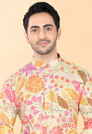 Digital Printed Rayon Kurta Set in Beige