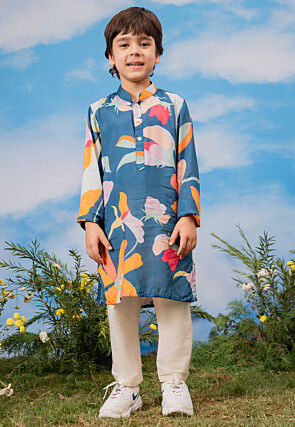 Digital Printed Rayon Kurta Set in Blue