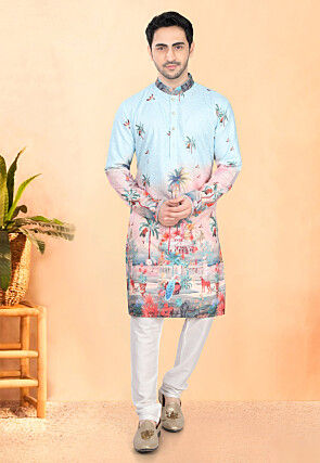 Digital Printed Rayon Kurta Set in Light Blue