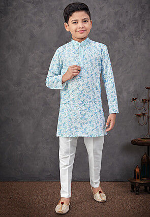 Digital Printed Rayon Kurta Set in Light Blue