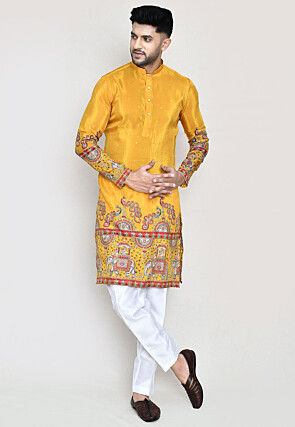 Digital Printed Rayon Kurta Set in Mustard