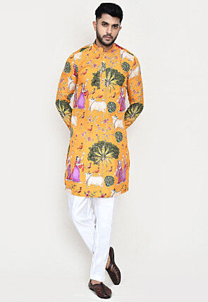 Digital Printed Rayon Kurta Set in Mustard