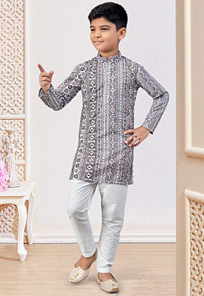 Digital Printed Rayon Kurta Set in Off White and Grey