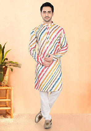 Digital Printed Rayon Kurta Set in Off White and Multicolor