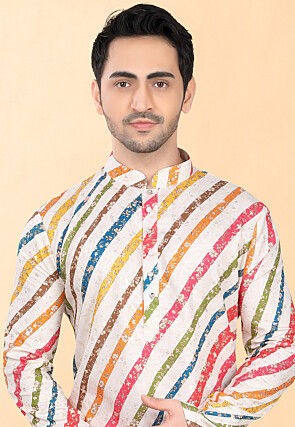 Digital Printed Rayon Kurta Set in Off White and Multicolor