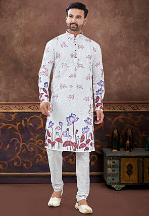 Digital Printed Rayon Kurta Set in Off White