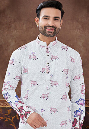 Digital Printed Rayon Kurta Set in Off White