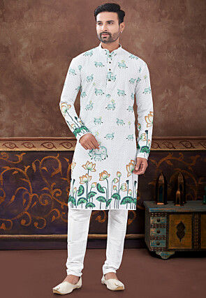 Digital Printed Rayon Kurta Set in Off White