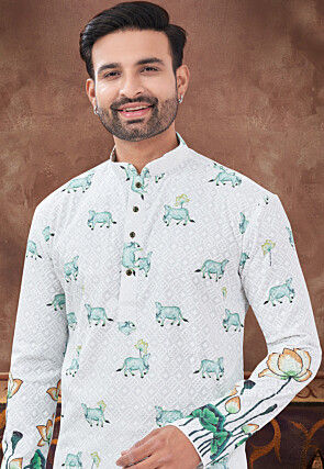 Digital Printed Rayon Kurta Set in Off White