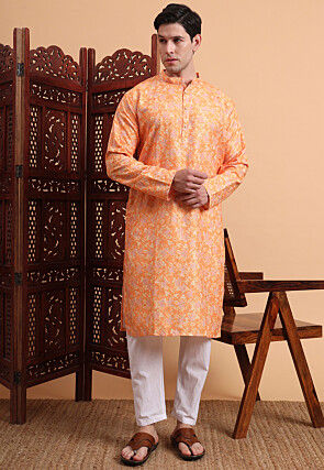 Digital Printed Rayon Kurta Set in Orange