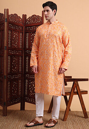 Digital Printed Rayon Kurta Set in Orange