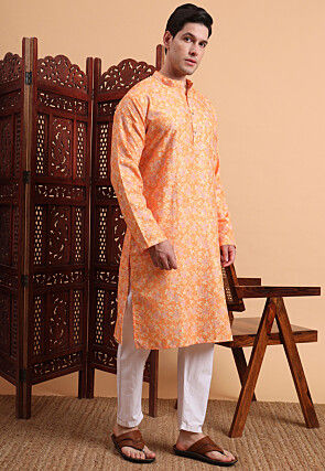 Digital Printed Rayon Kurta Set in Orange
