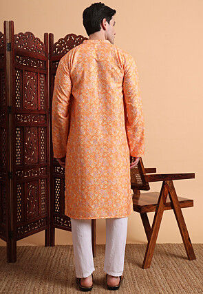 Digital Printed Rayon Kurta Set in Orange