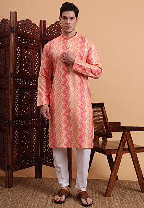 Digital Printed Rayon Kurta Set in Peach