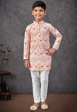 Digital Printed Rayon Kurta Set in Peach