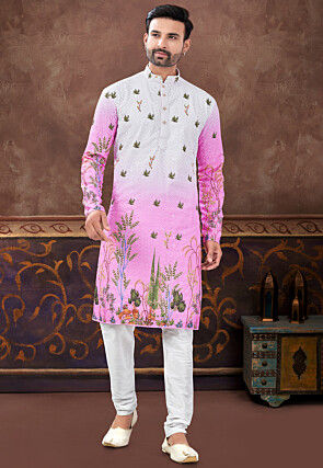 Digital Printed Rayon Kurta Set in Pink and Off White