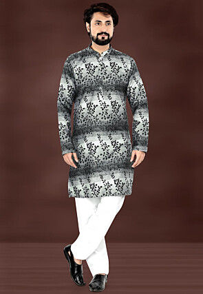 Digital Printed Rayon Kurta Set in Shaded Grey