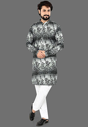 Digital Printed Rayon Kurta Set in Shaded Grey