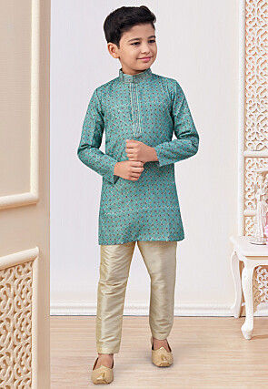 Digital Printed Rayon Kurta Set in Teal Blue