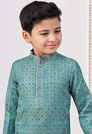 Digital Printed Rayon Kurta Set in Teal Blue