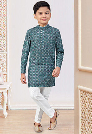 Digital Printed Rayon Kurta Set in Teal Blue